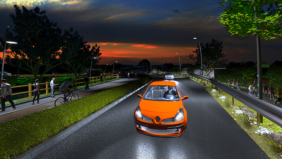 route réaliste 3d nuit orange voiture